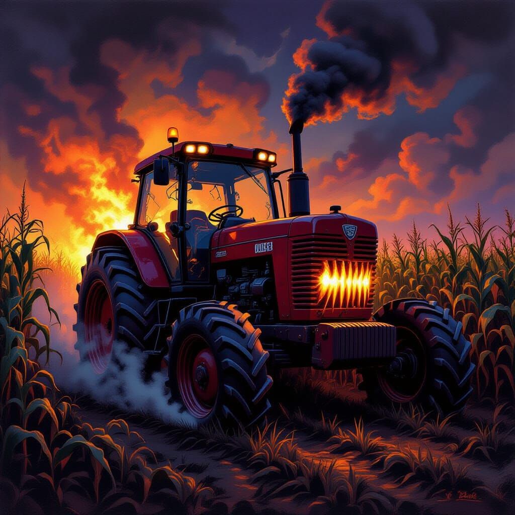 Demonic Tractor in Shadowy Corn Maze
