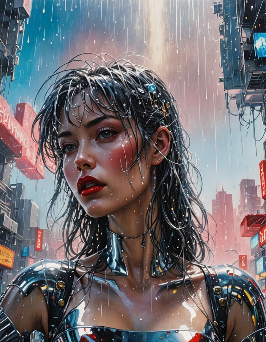 Sensual Cyberpunk Robot Woman in the Rain