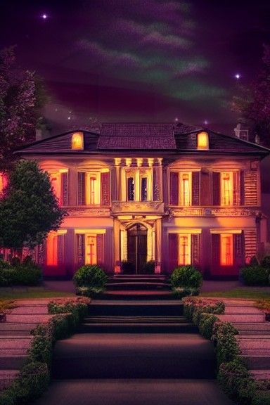 Surreal Haunted Mansion with Astral Energy in UV Lighting