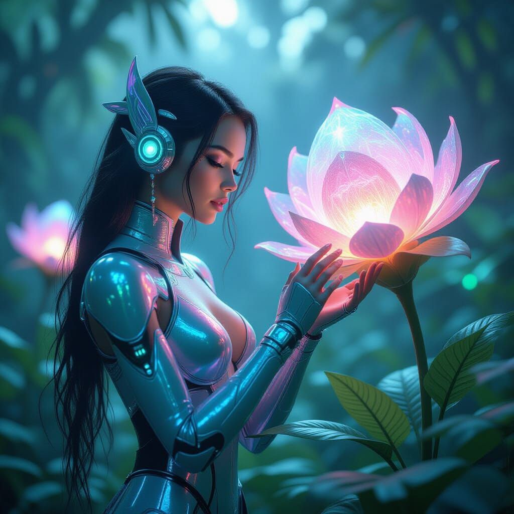 Android in Alien Jungle with Bioluminescent Flora