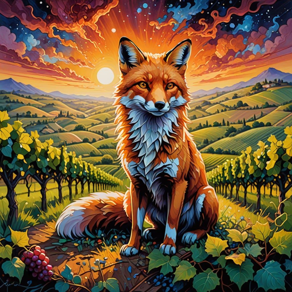 Surreal Liquid Paint Fox in Vibrant Vineyard Sunset