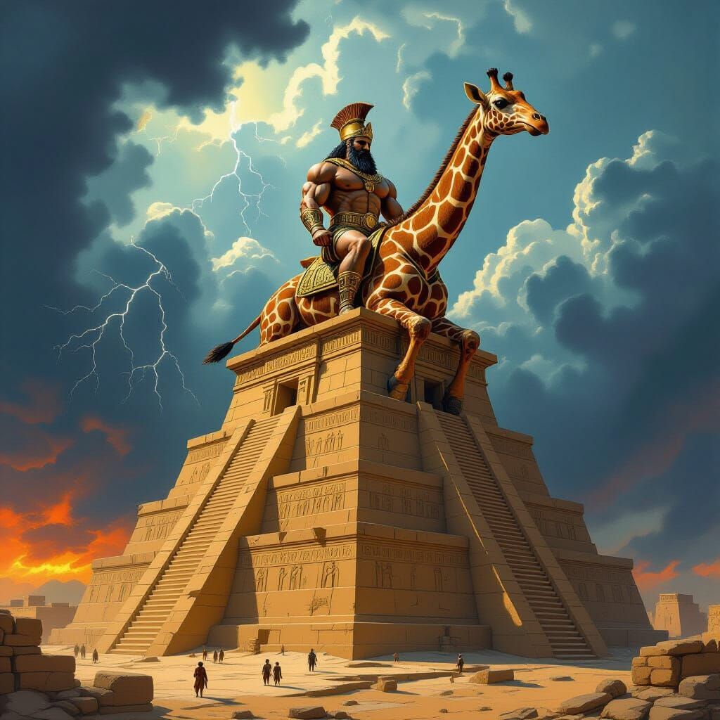 Muscular Gilgamesh Rides Evil Giraffe atop Mesopotamian Zigg...