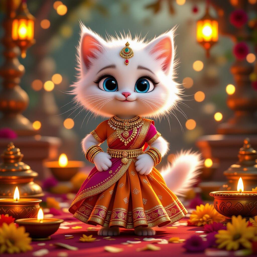 Fluffy Kitten Princess in Festive Diwali Celebration