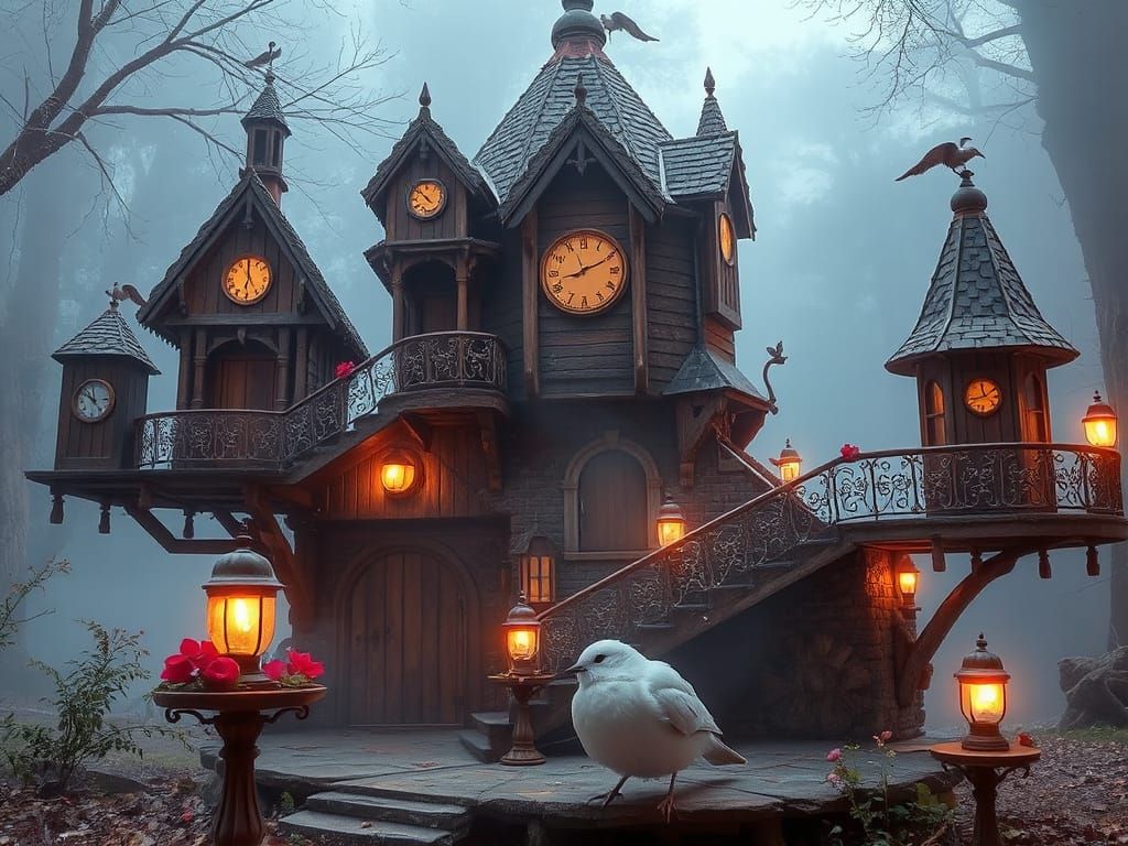 Steampunk Birdhouse Village in Dreamlike Oil Painting