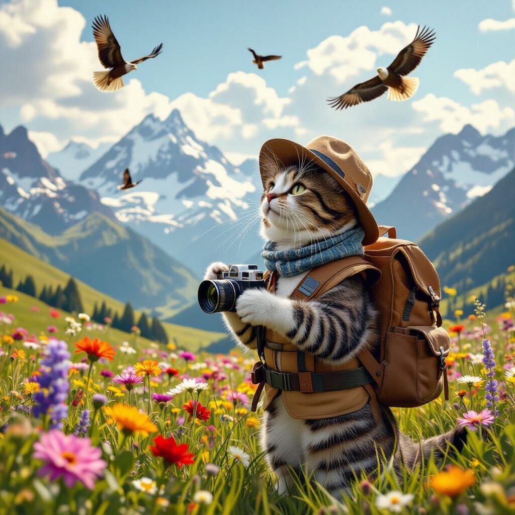 Explorer Cat Captures Eagles in Hyperrealistic Valley