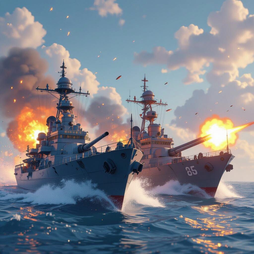 Anime Warships in Epic Cannon Battle, One Sinking