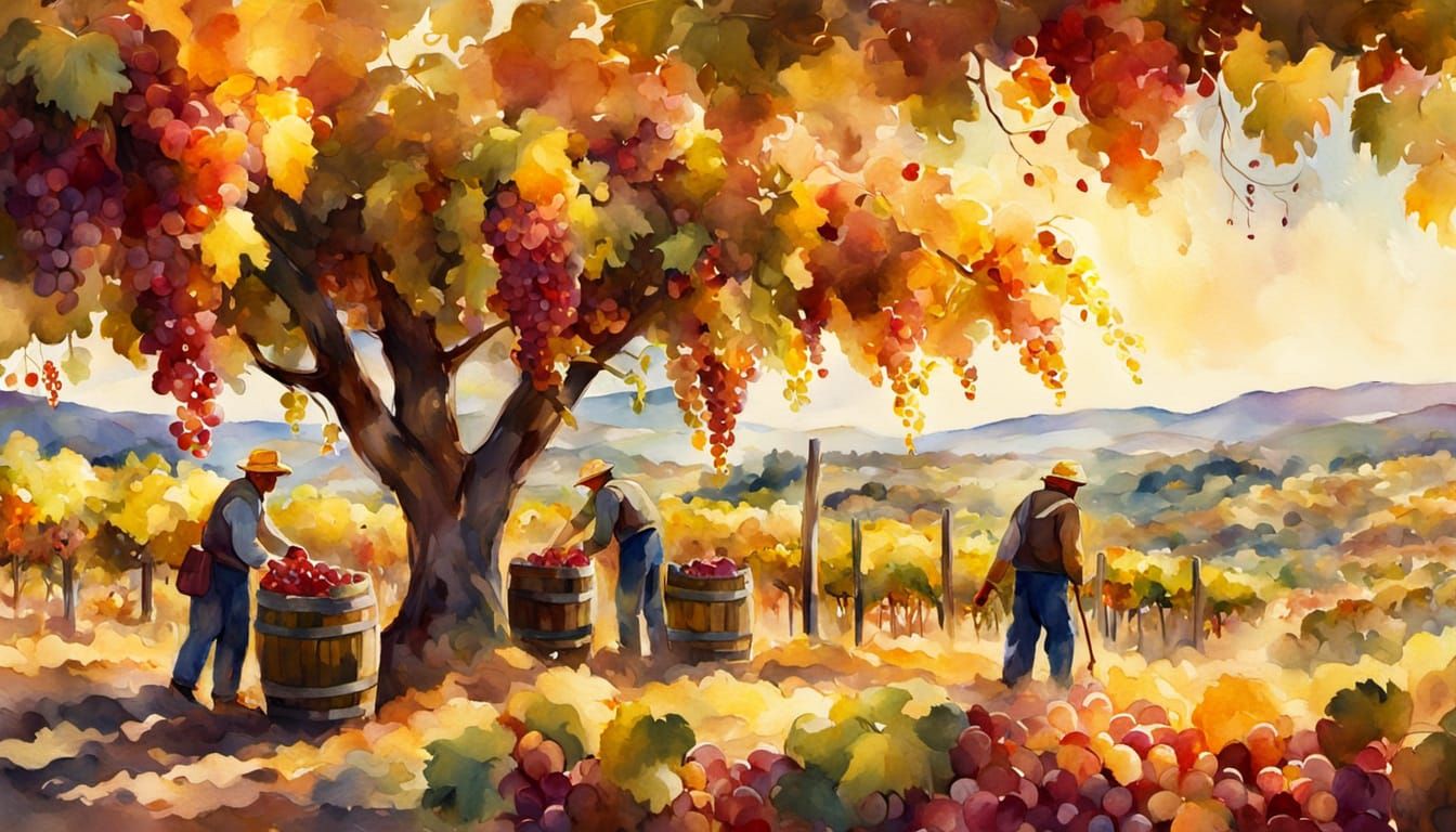 Vineyard Workers Harvesting Grapes as Watercolor Digital Art