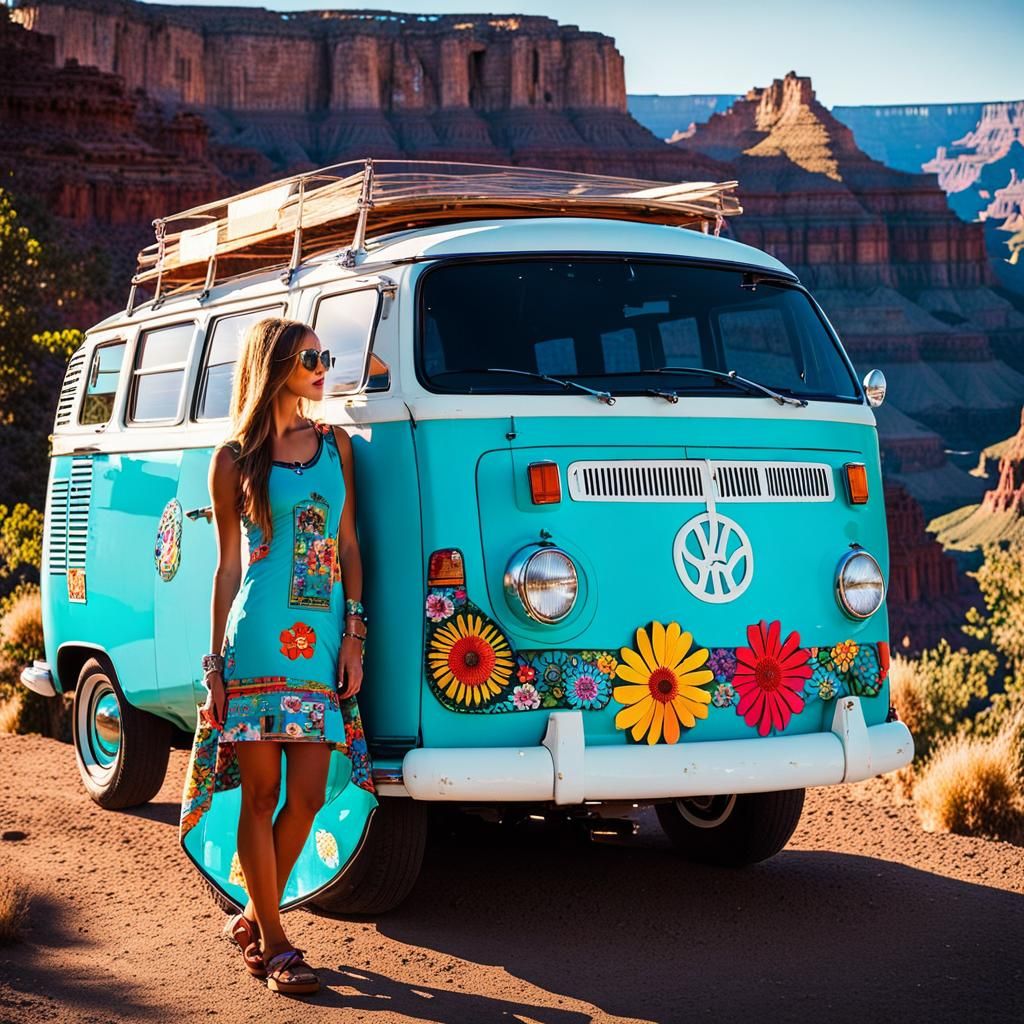 Turquoise hippie van with flower power signs and drawings on it and a woman wearing a patchwork dress, watching the suns...