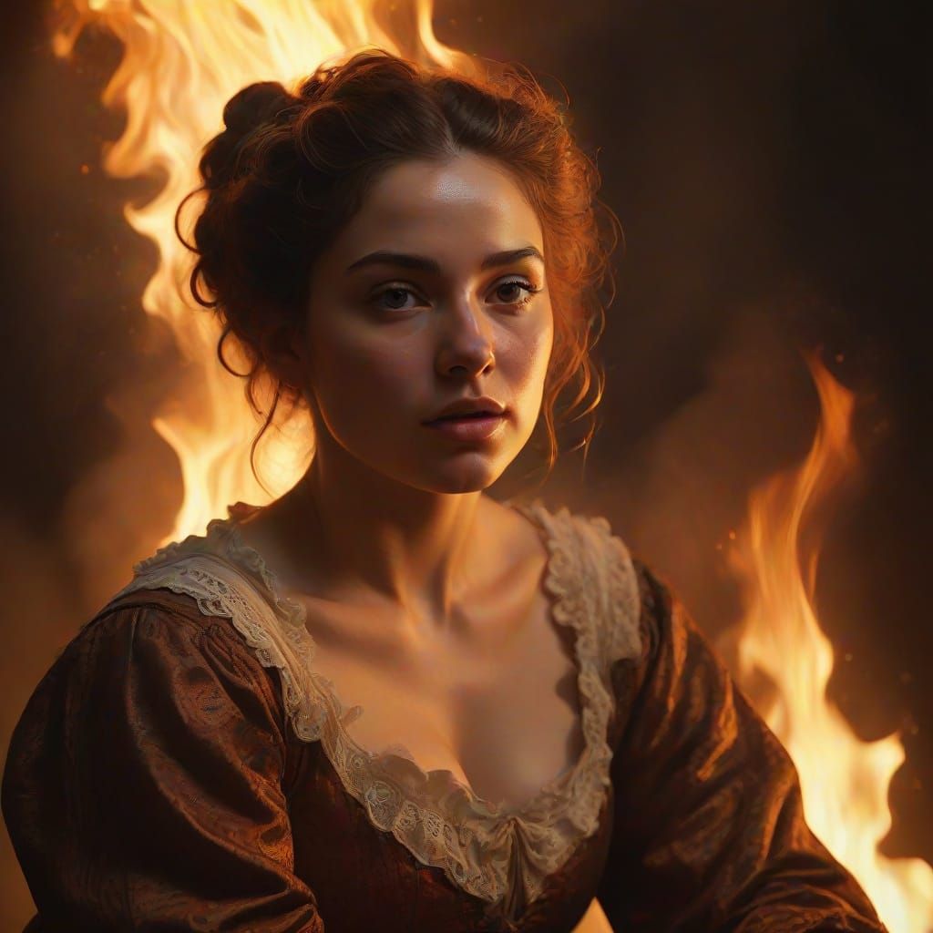 Baroque Woman on Burning Pyre in Dramatic Chiaroscuro