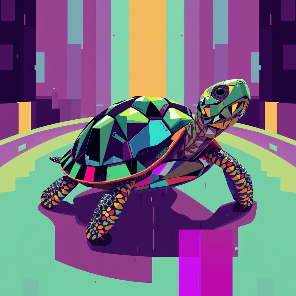 Distorted Turtle in Cubist Glitchcore Style