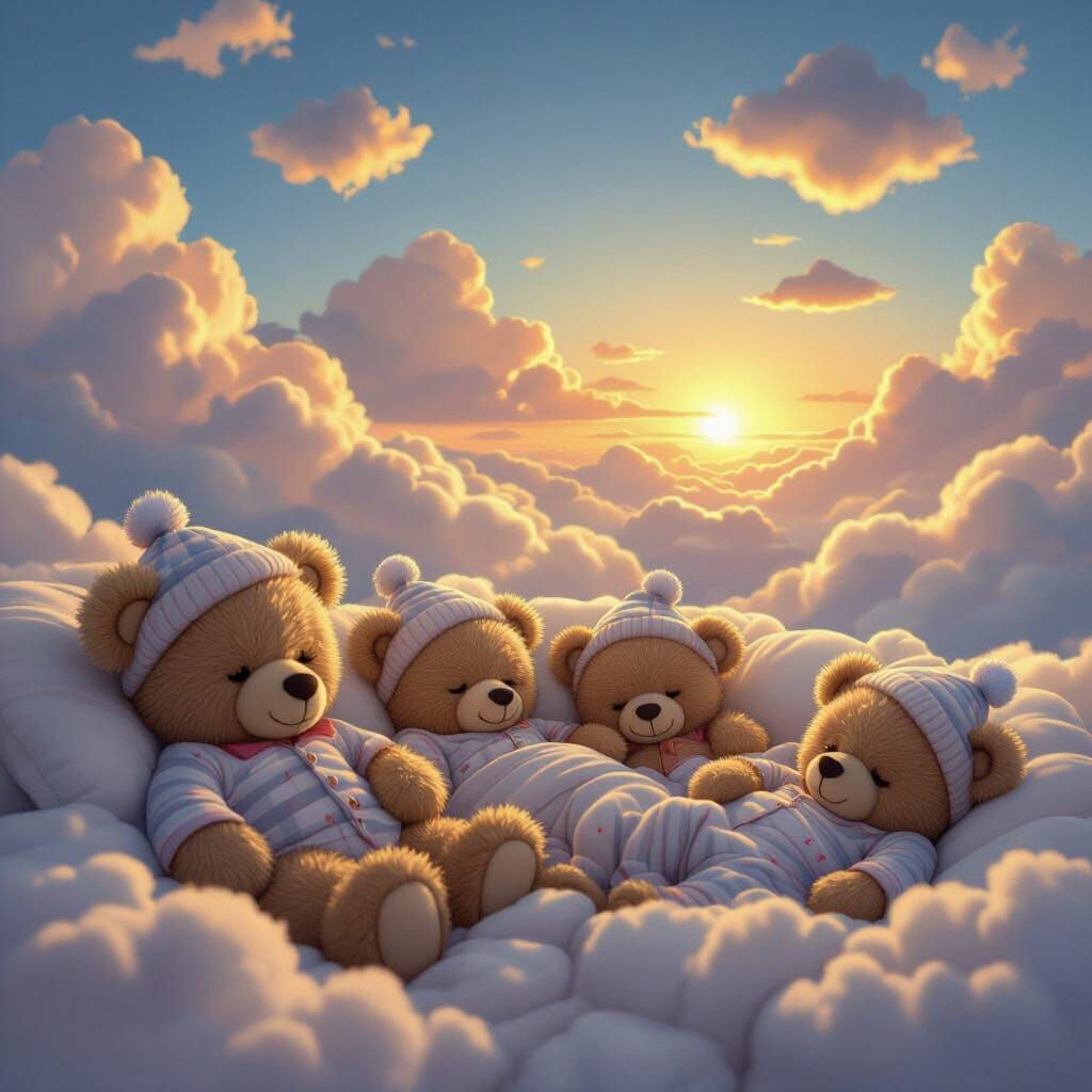 Dreamy Teddy Bears in Pajamas at Sunset