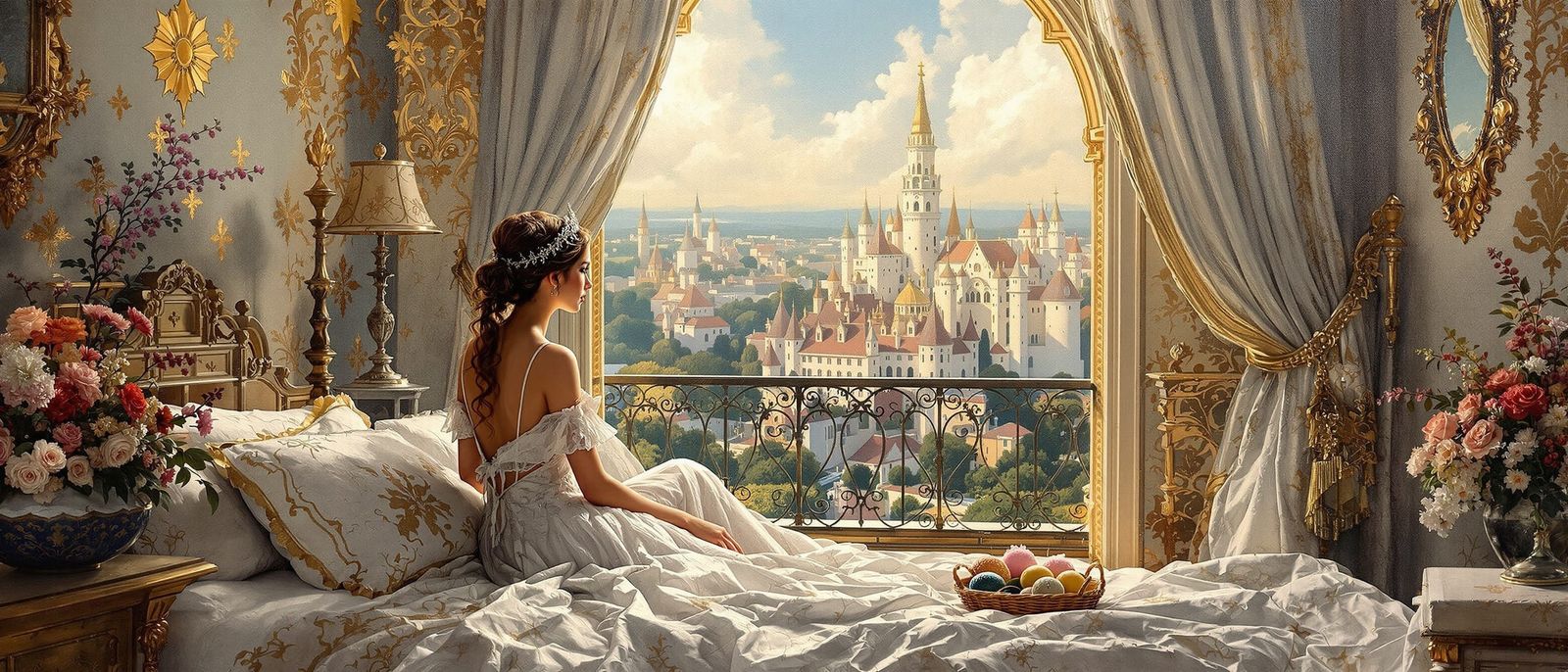 Princess in Bohemian Bedroom: Oil on Canvas Painting
