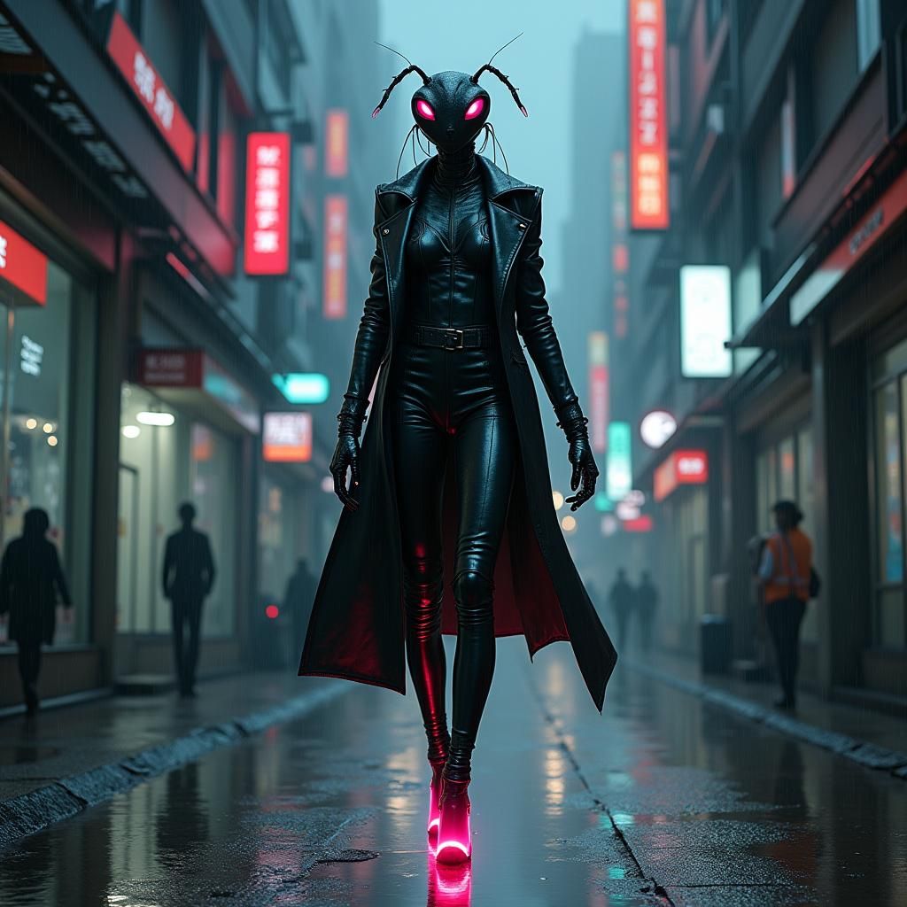 Cyberpunk Mantis Assassin in Rainy Cityscape
