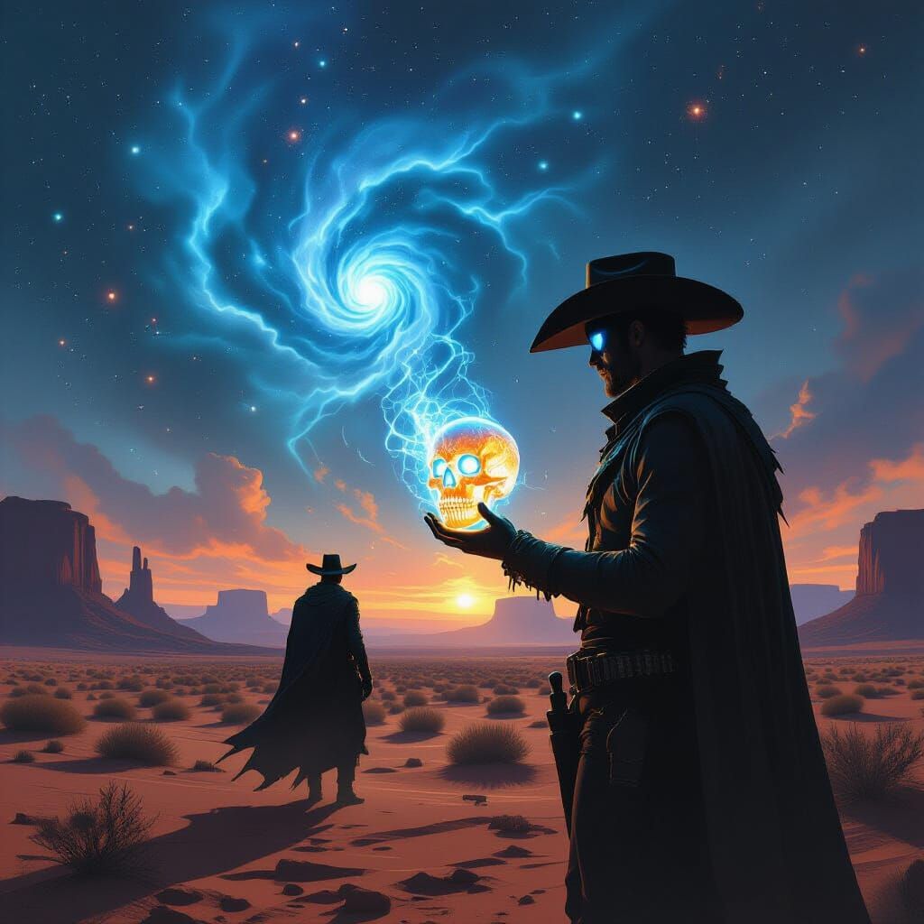 Cosmic Cowboy with Crystal Skull in Alien Desert