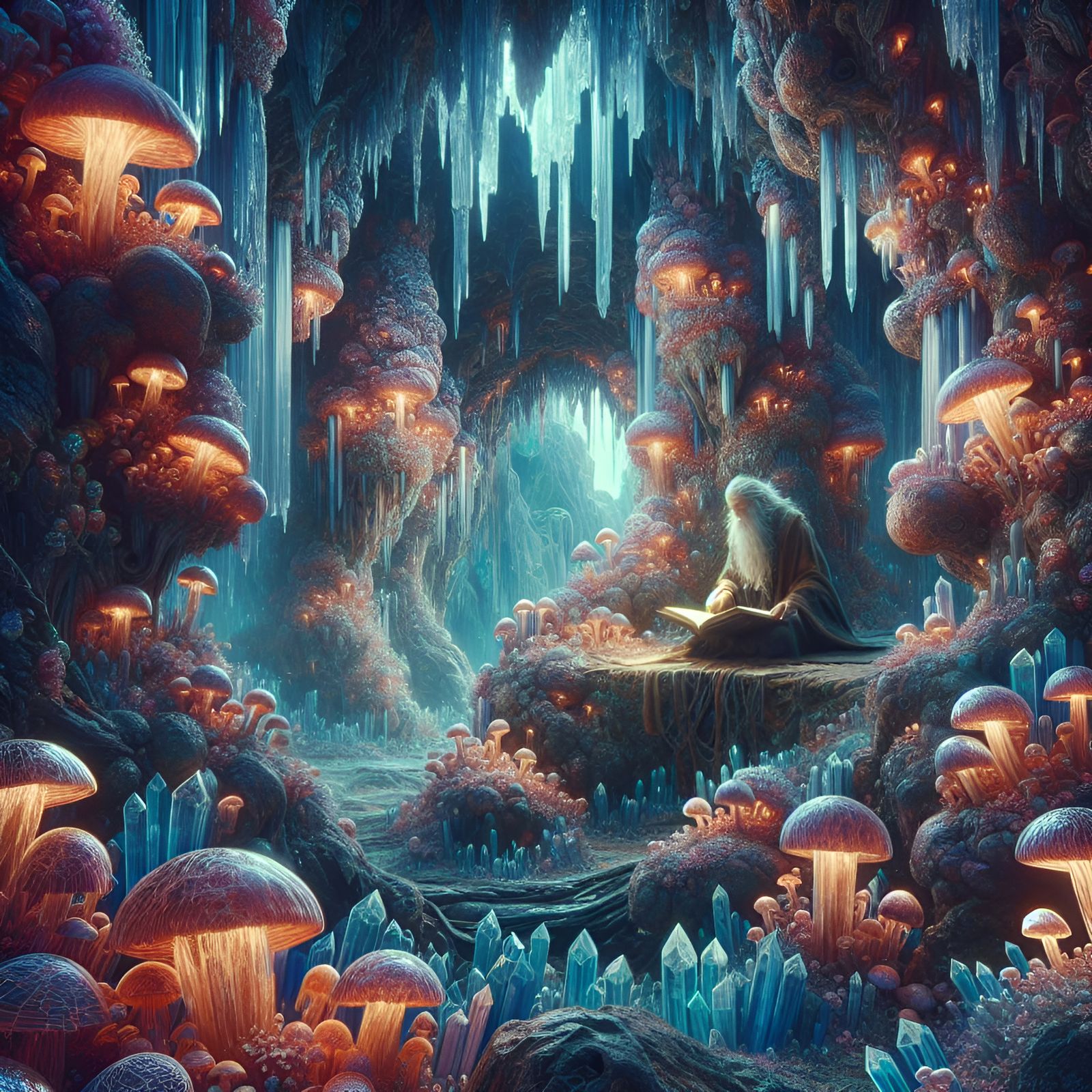 Merlin Reading in a Crystal Mushroom Cave
