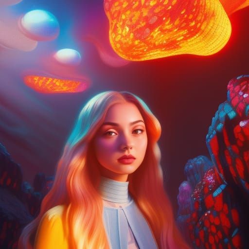 Charming Girl Portrait with Lava Lamp in Digital Art Style