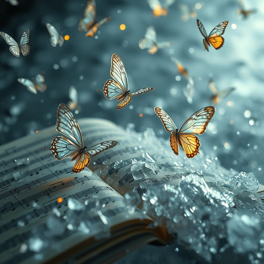 Hyperrealistic Music Sheets in a Frozen Landscape with Butte...