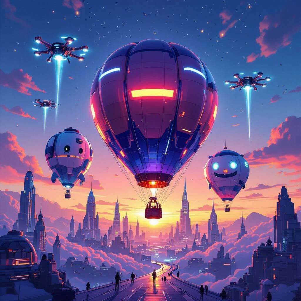 Futuristic Sky Kingdom Balloon Parade in Retro-futuristic St...