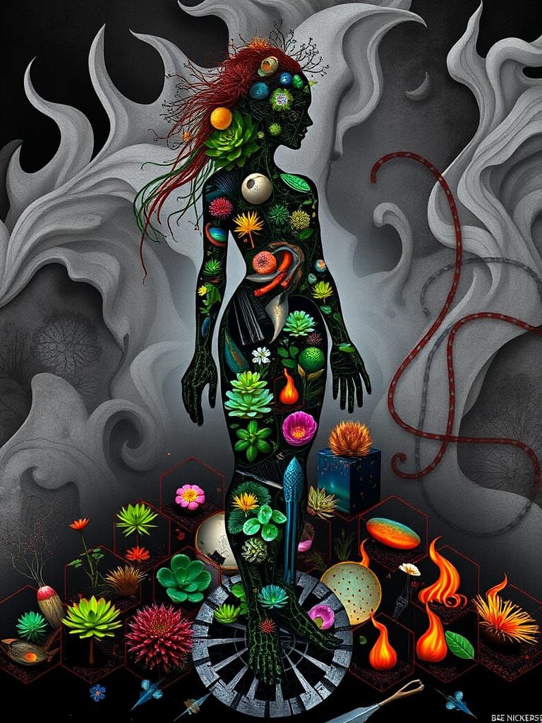 Surreal Woman of Kitchen Tools in Cosmic Harmony