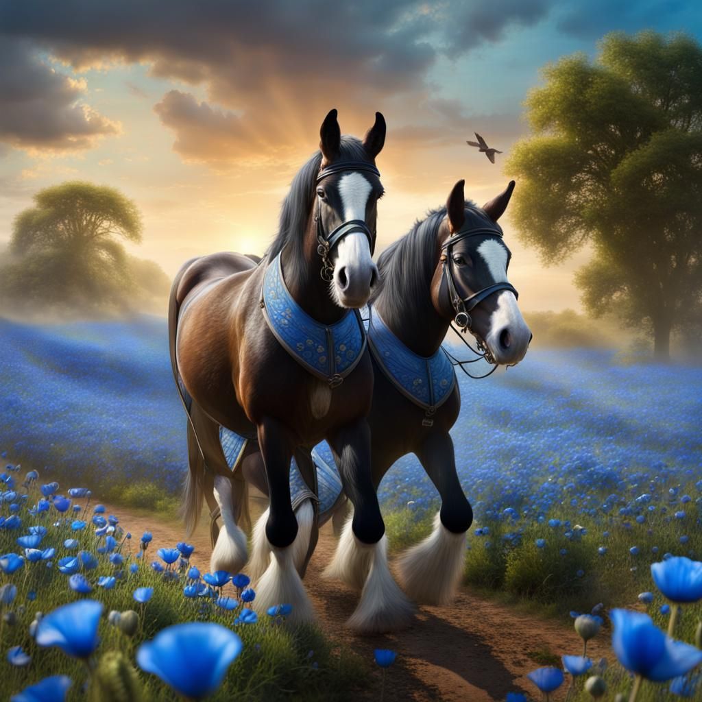 Shire Horse, Donkey and Pigeons in Poppy Field