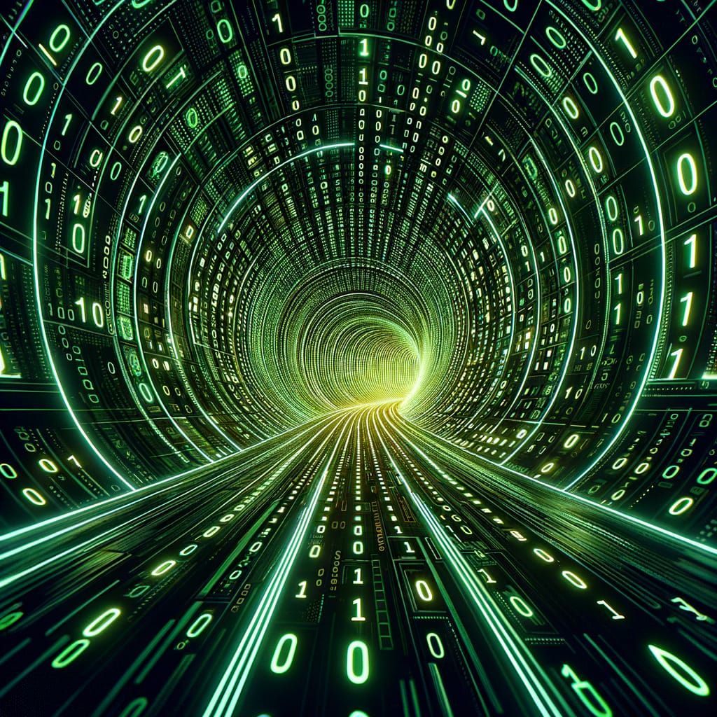 Neon Green Binary Code Tunnel in 3D