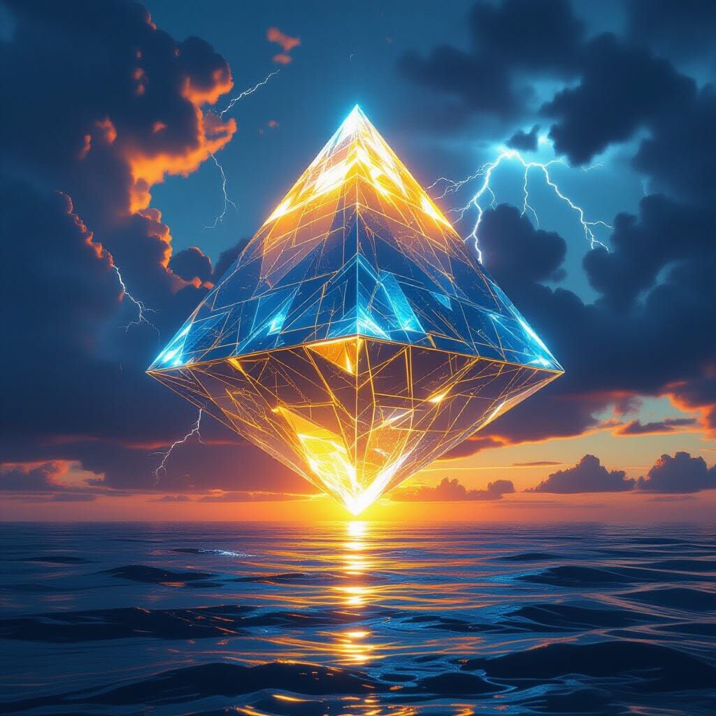 Floating Crystal Pyramid in Sci-Fi Sunset
