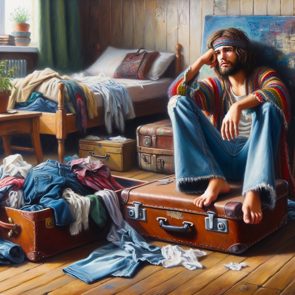 Hippie in Messy Apartment: An Oil Painting