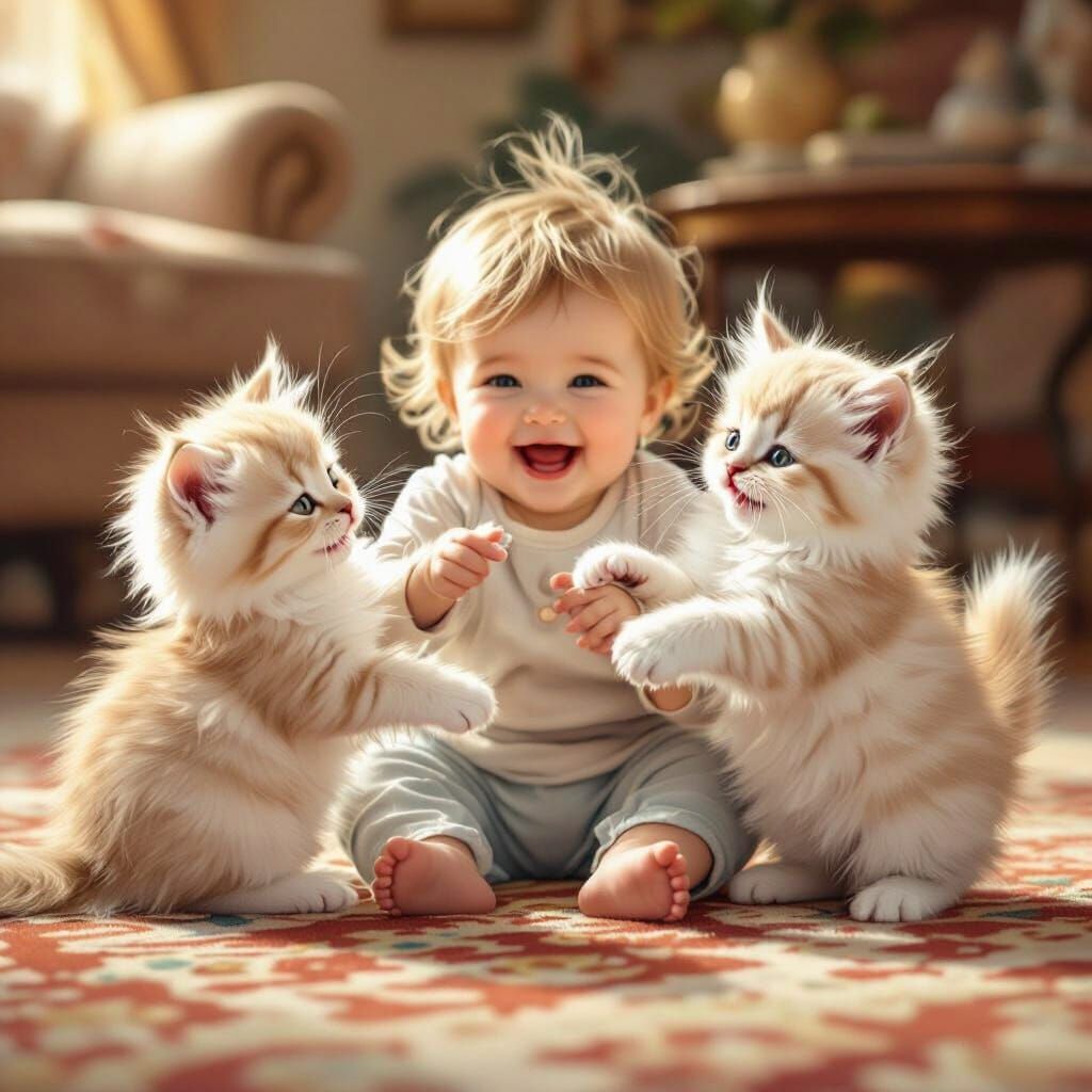 Kittens Play with Happy Baby on Carpet in Storybook Style
