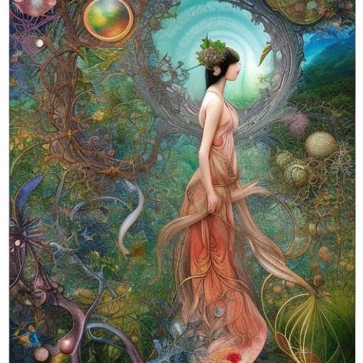Elegant Hybrid Woman in Forest, Collage Art Style