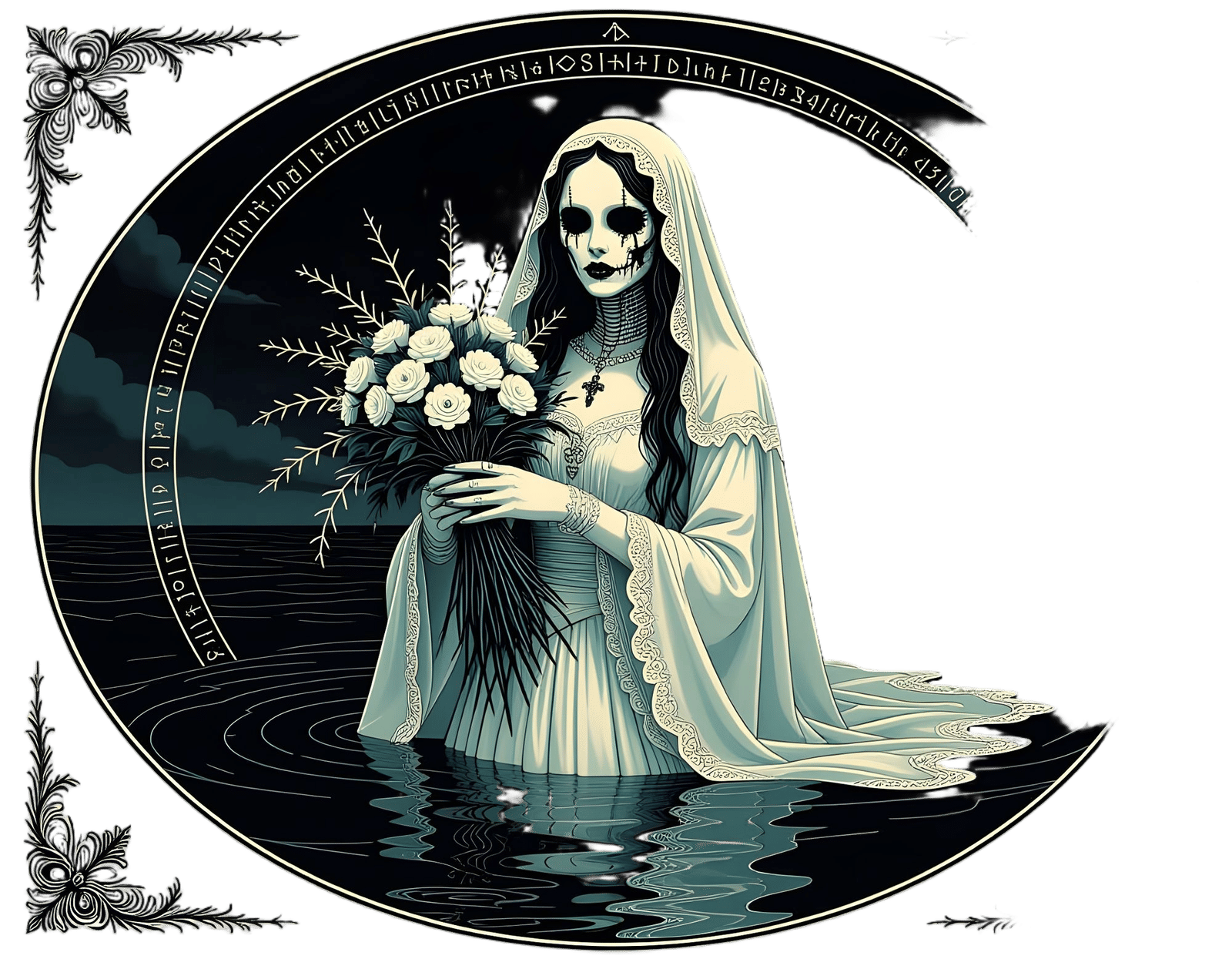Ghost Bride with Shattered Face in Horror Art