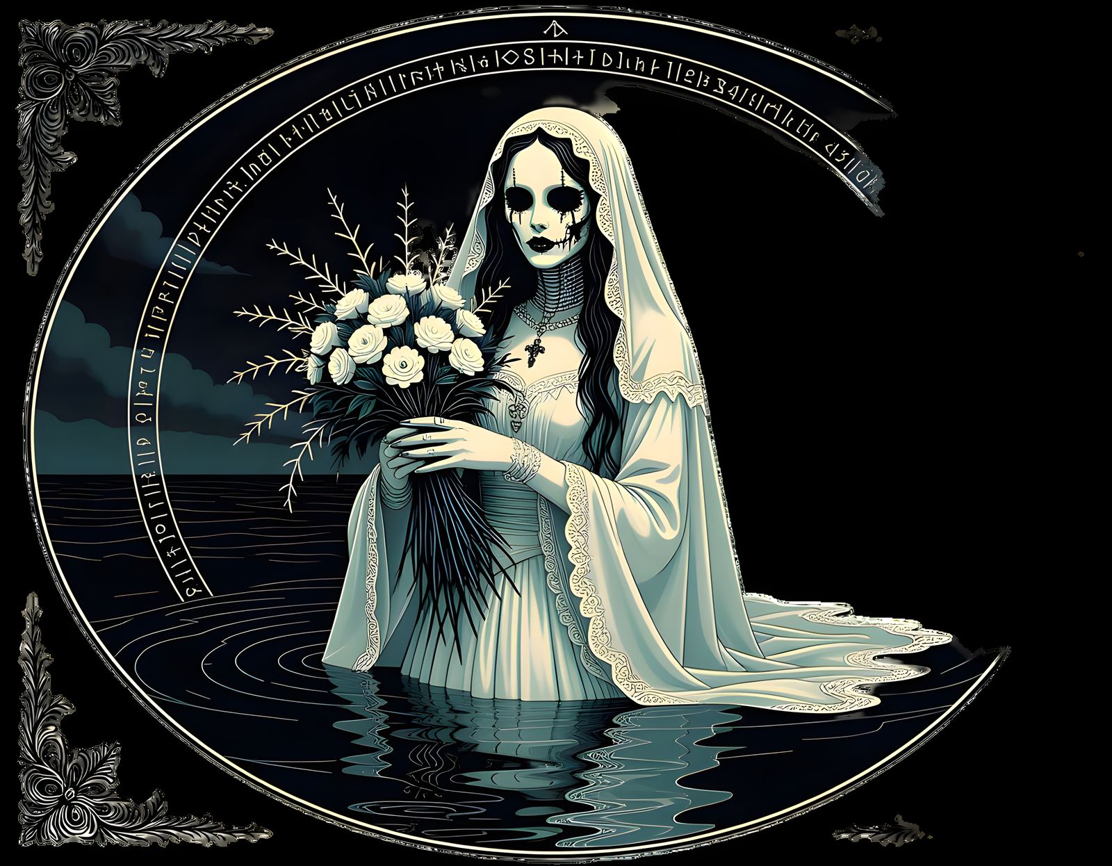 Ghost Bride with Shattered Face Above Black Ocean