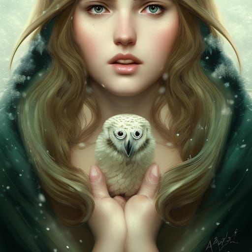 Blonde Girl with Snow Owl: Hyperdetailed Portrait