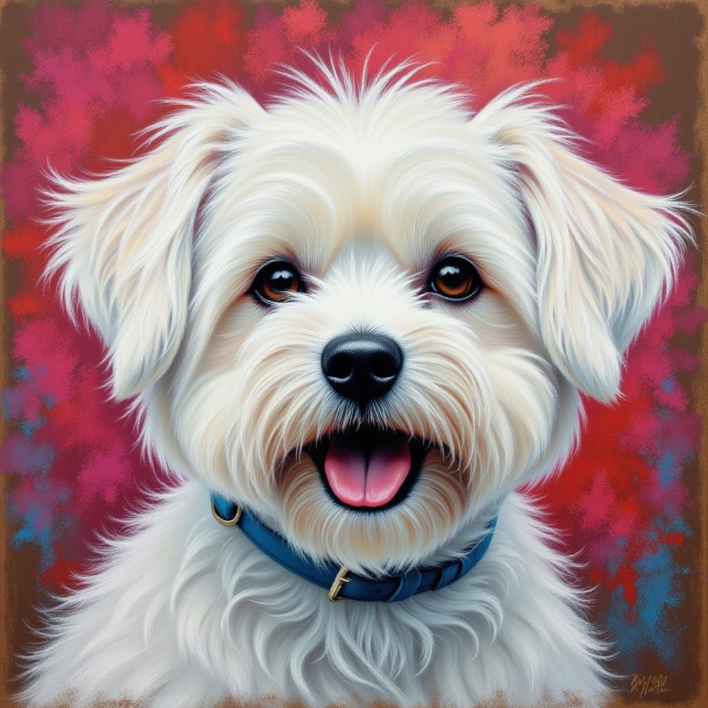 Joyful White Maltese Dog Chalk Portrait