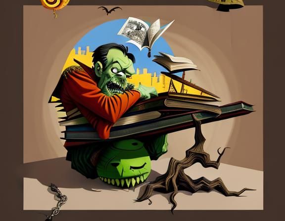 Disturbing Zombie Librarian in Art Brut Style