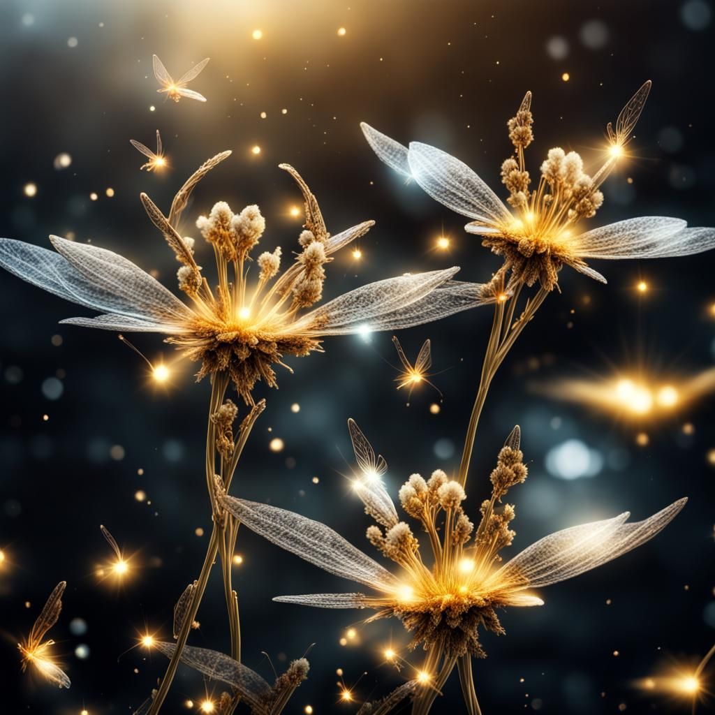 Magical Flower with Golden Fairies in Flight