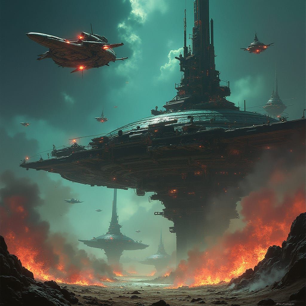 Space Station Battle in Retro-Futuristic Style