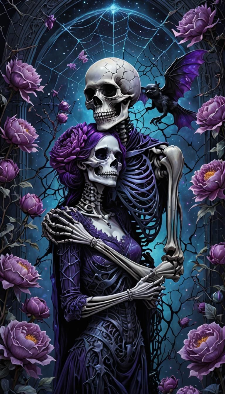 Gothic Skeletons Embrace in Cosmic Macabre Art