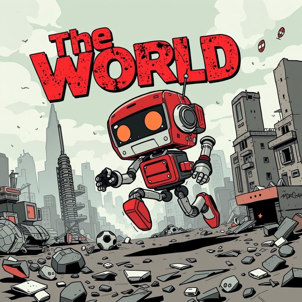 Distressed Robot Runs Through Ruined City in a Futuristic Wo...