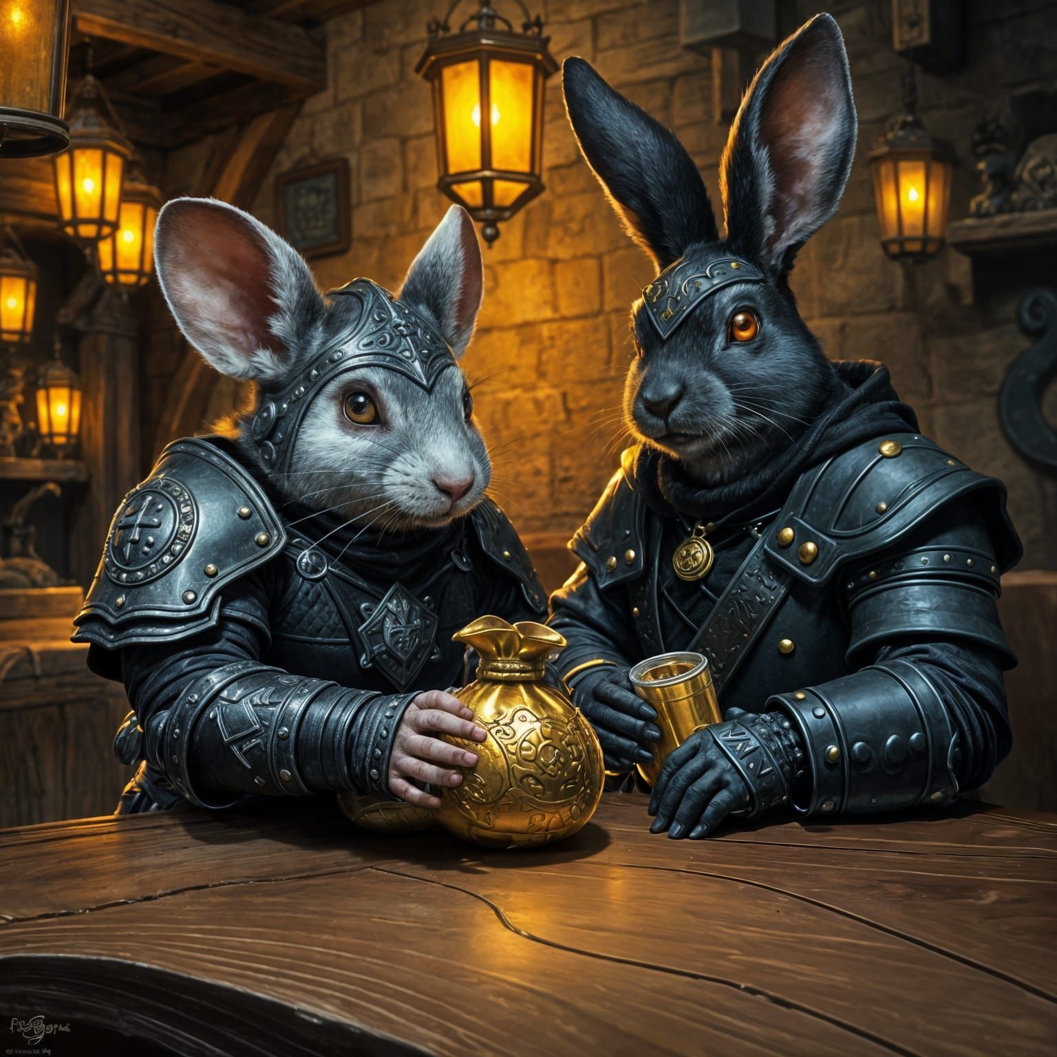 Mouse Mercenary Rewards Rabbit Bard in Dark Tavern