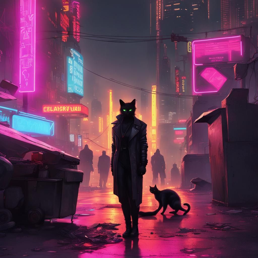 Black Cat in Neon City Alley