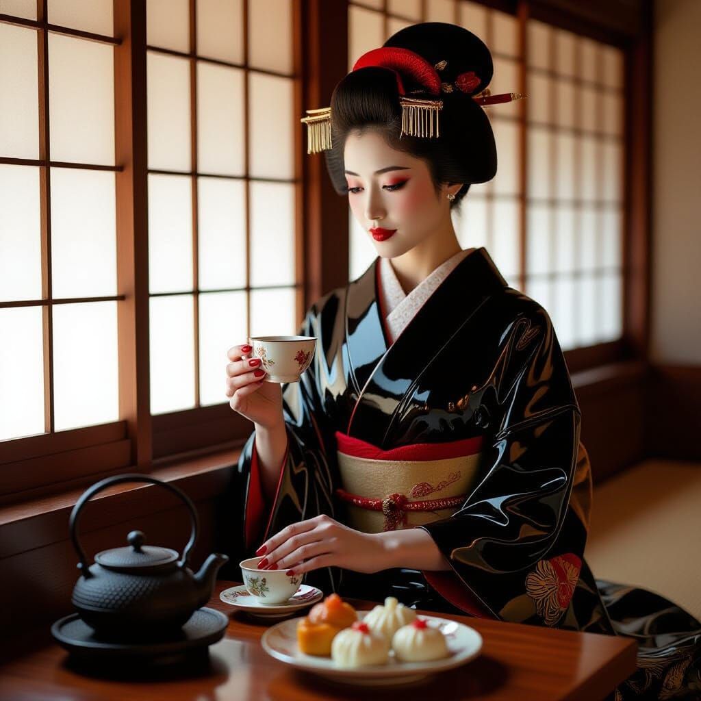 Geisha in Black Latex Kimono by Window Seat