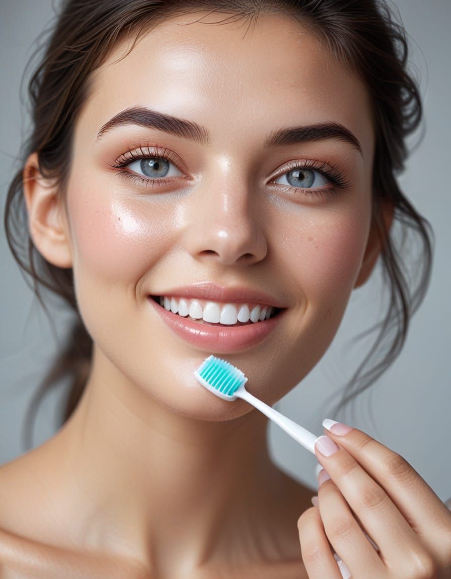 Glamorous Close-Up Portrait of a Young Woman with Toothbrush