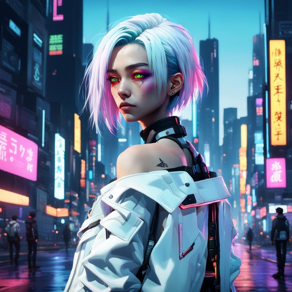 Confident Lucy Kushinada in Neon-Lit Cyberpunk Cityscape, wi...