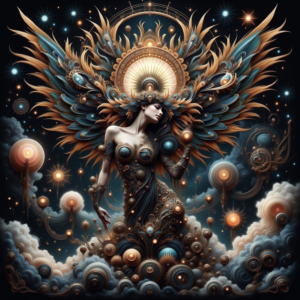 Steampunk Goddess Radiating Light in Art Nouveau Style