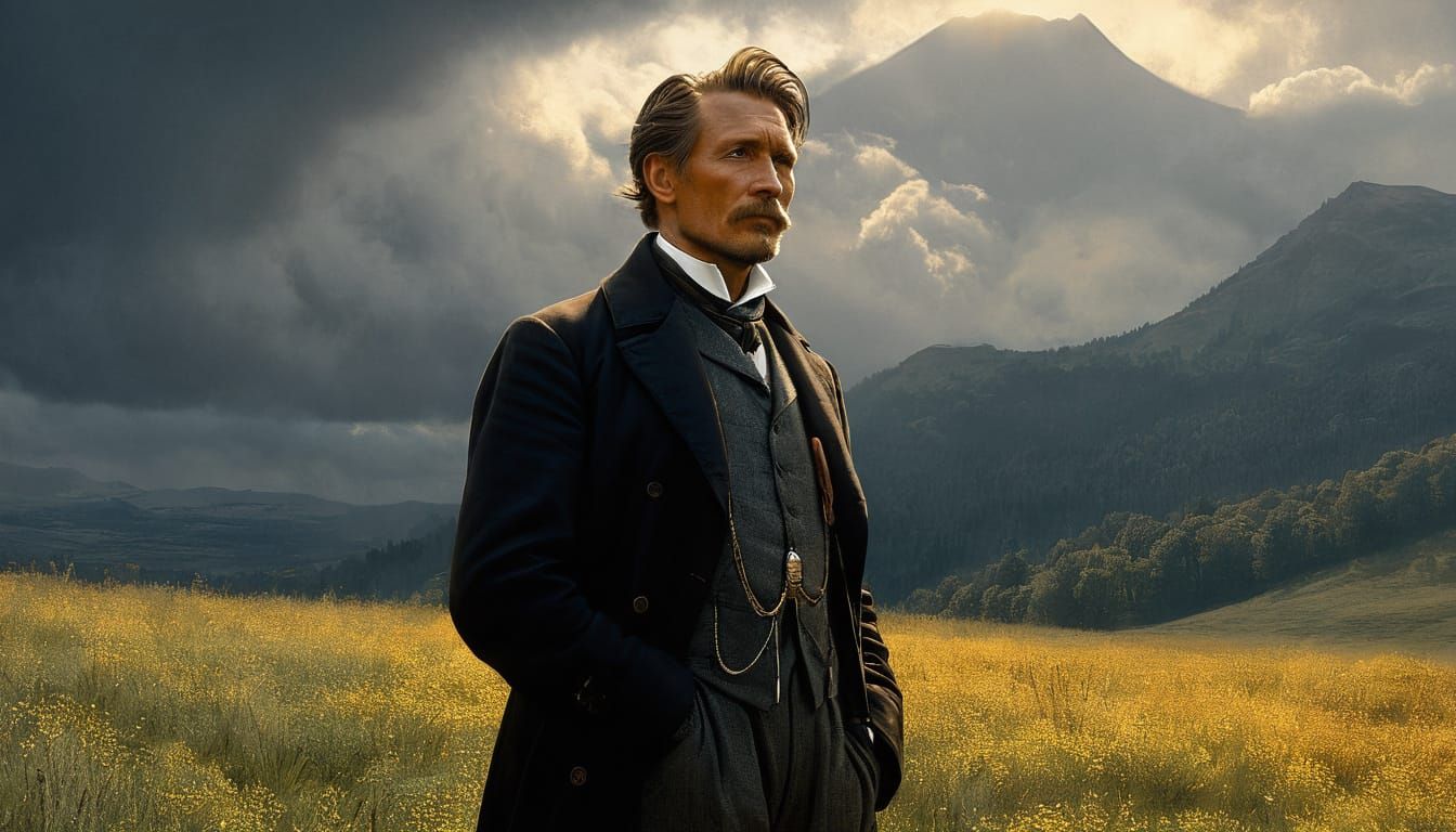 Figure in Mountain Meadow with Lightning, Digital Art