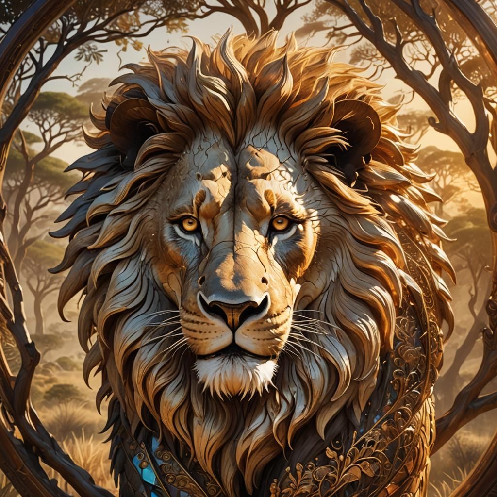 Glass Lion Head with African Landscape, Concept Art