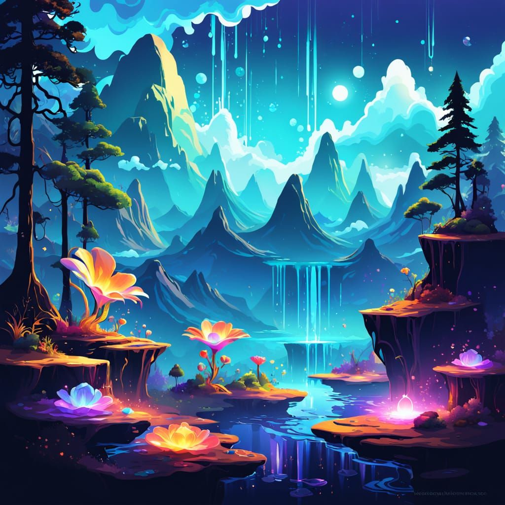 Luminous Natural Scene in Vibrant, Glitched Style