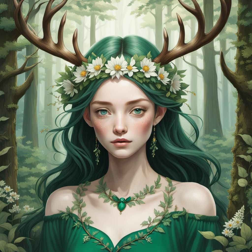 Girl with Antlers in Emerald Forest