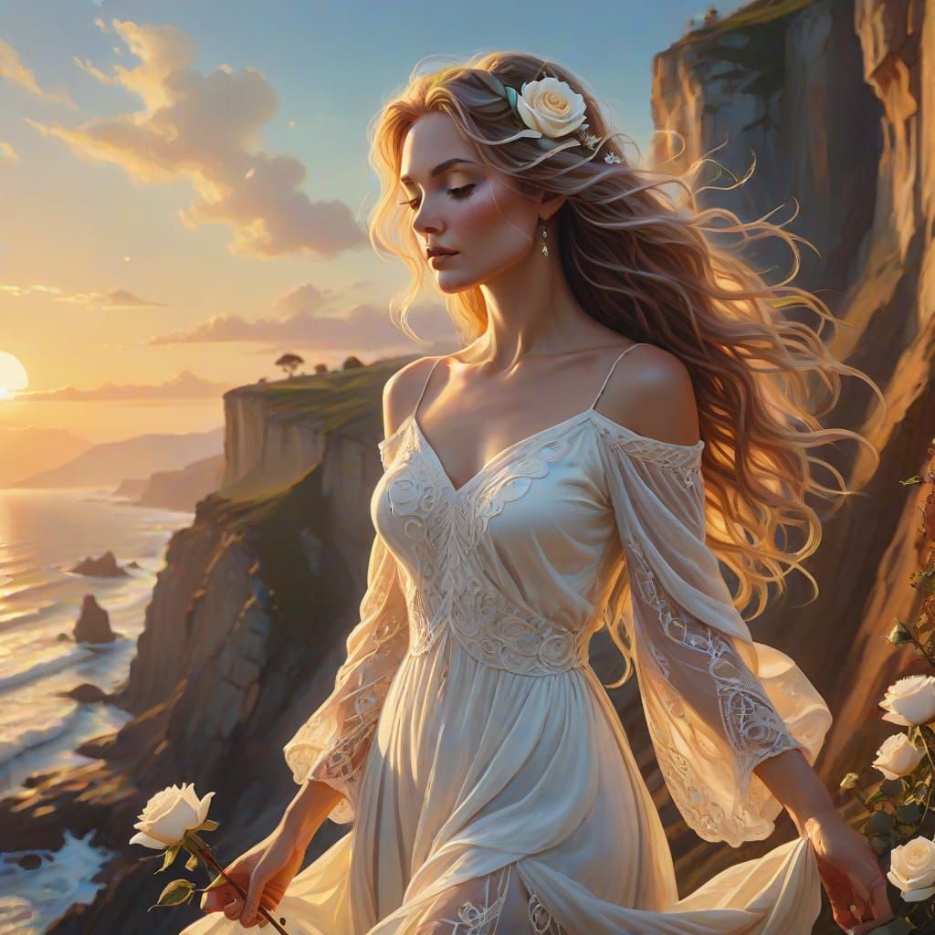 Divine Feminine Figure at Cliff Edge: Ethereal Oil Painting