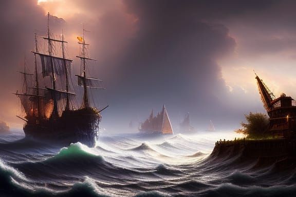 Stormy Seas Pirate Ship: Detailed Matte Painting